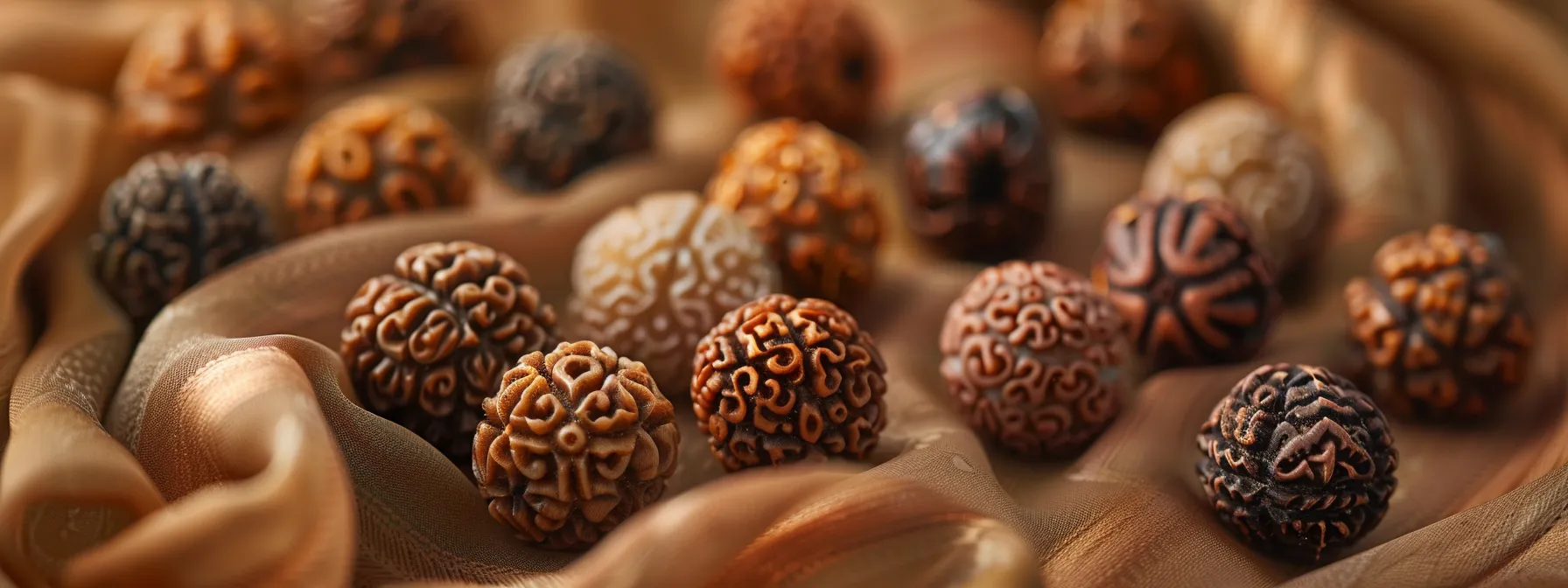 a close-up photo of various gleaming, intricately patterned rudraksha beads laid out on a soft, earth-toned fabric, highlighting their unique mukhi faces and spiritual significance.