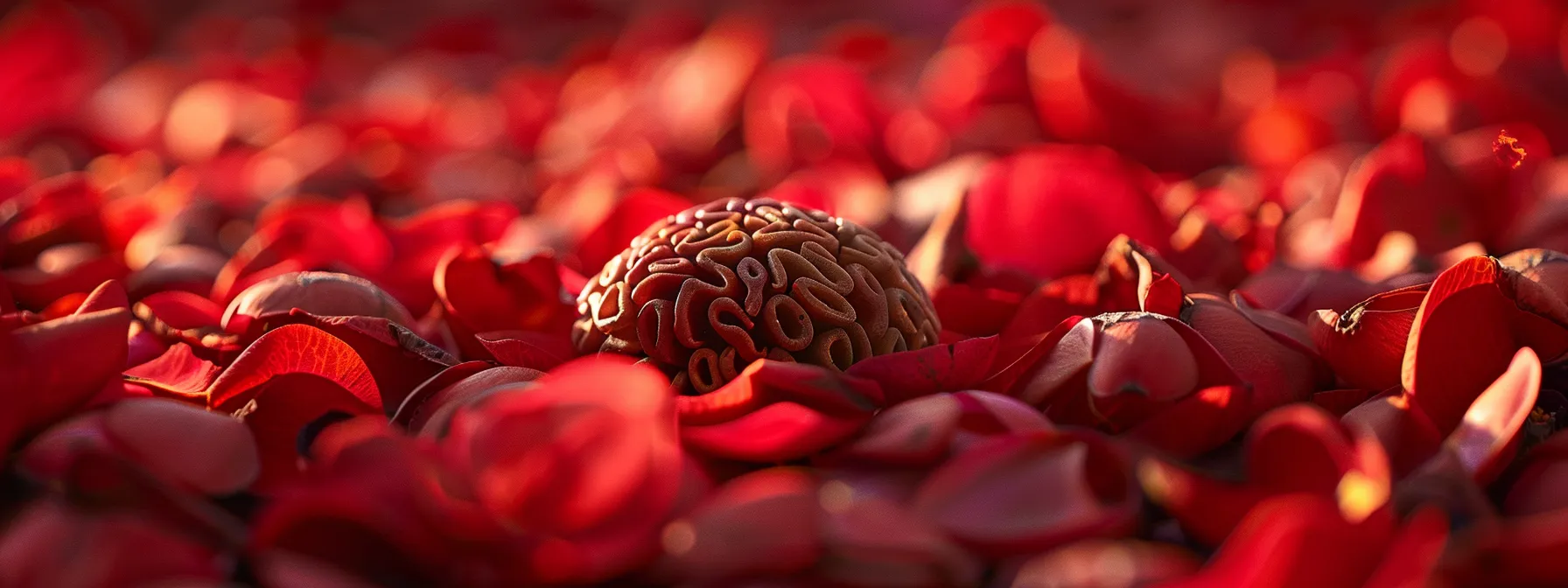 a close-up of a sacred rudraksha bead resting on a bed of vibrant red petals, symbolizing spiritual energy and inner peace.