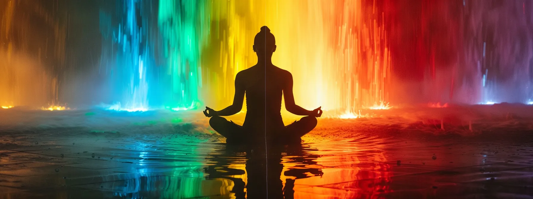 a glowing crystal grid radiating energy around a person meditating, surrounded by vibrant colors representing the seven main chakras.