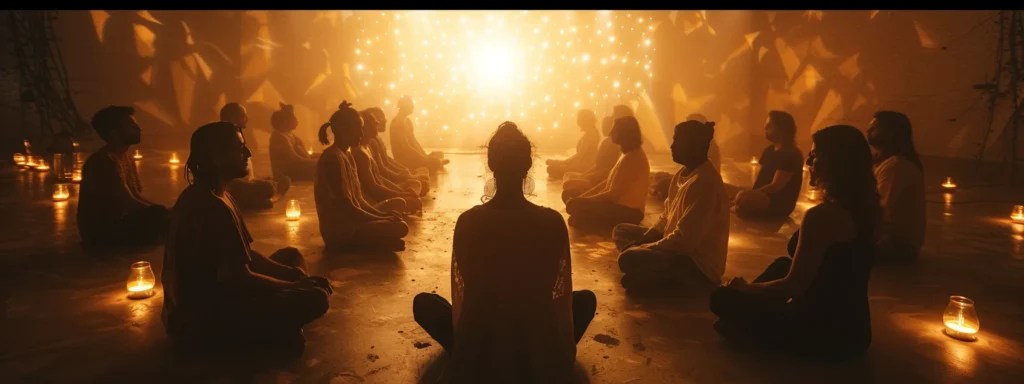 a group of individuals sitting cross-legged in a circle, eyes closed, surrounded by soft, glowing lights, illustrating a deep spiritual connection and personal transformation through kundalini awakening.