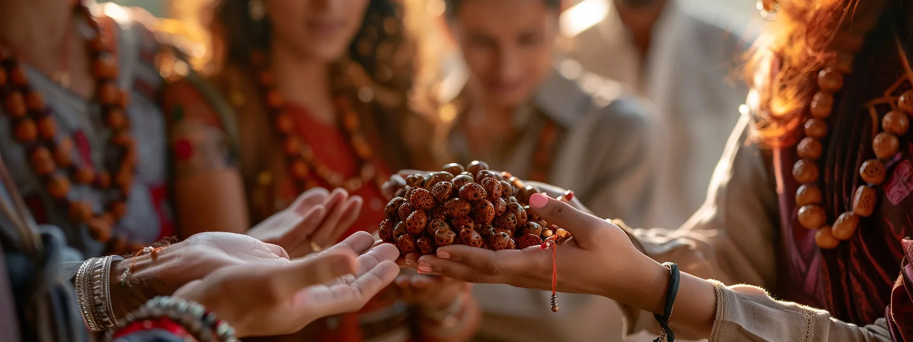 a group of individuals sharing heartfelt stories while holding their precious rudraksha beads, radiating a sense of inner peace and spiritual transformation.