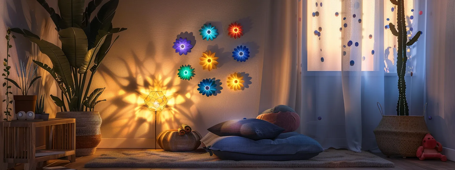 a peaceful meditation corner with colorful chakra symbols hanging on the wall, a cozy cushion on the floor, and soft lighting creating a serene atmosphere.