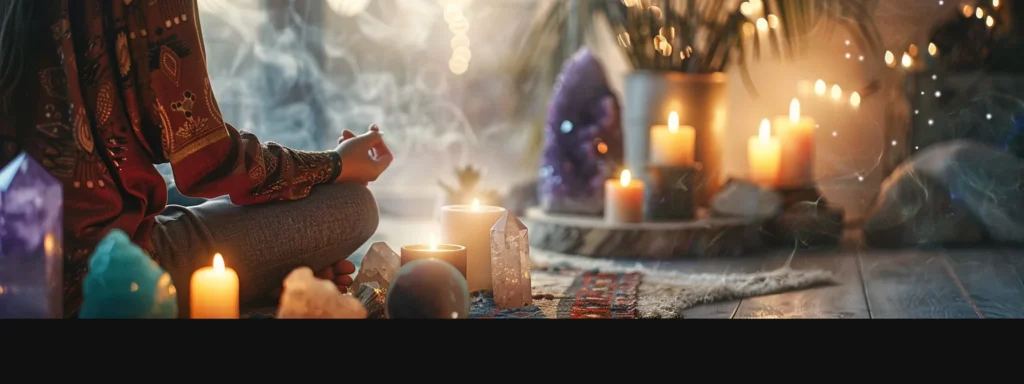 a person adorning themselves with vibrant healing stones, surrounded by a tranquil space filled with crystals and candles, creating a harmonious and energizing environment.