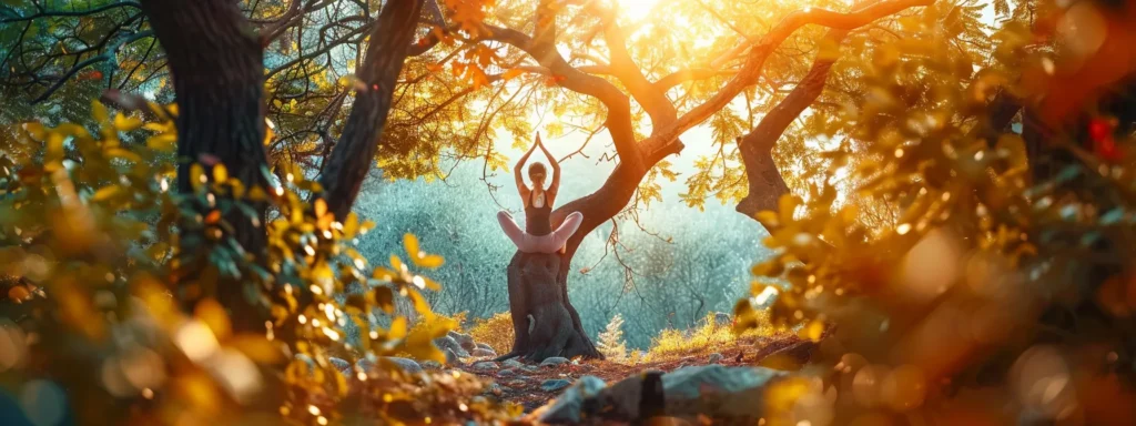 a person balancing in a strong and focused tree pose, surrounded by vibrant nature, unlocking their kundalini energy through yoga.