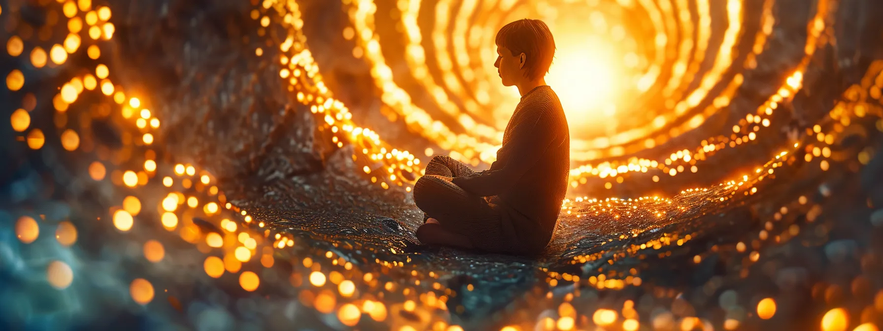 a person deeply focused on their chakra meditation, surrounded by glowing energy centers, symbolizing their spiritual growth journey.