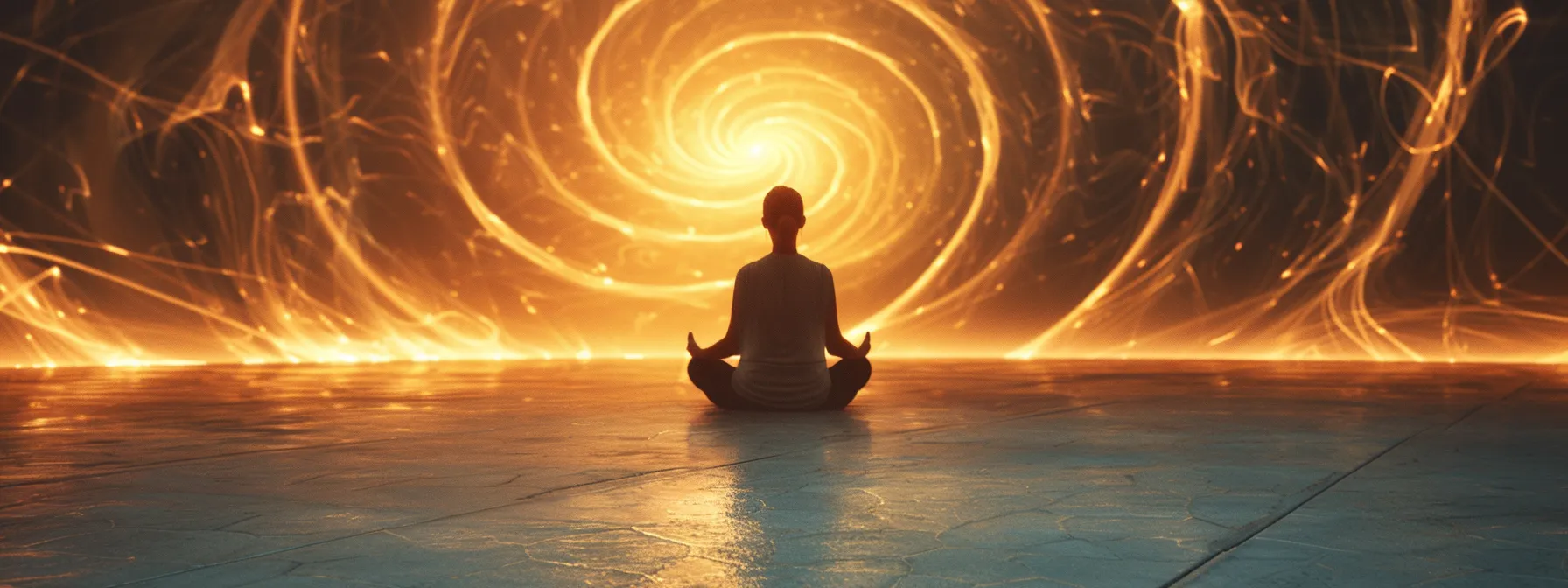 a person meditating in a tranquil setting, surrounded by a glowing, spiraling energy representing kundalini awakening.