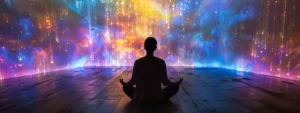 a person meditating in a serene setting surrounded by vibrant colors and glowing light.