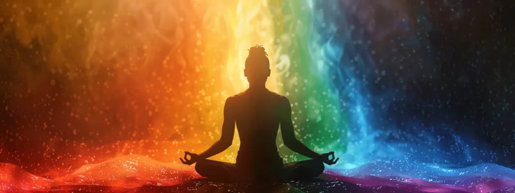 a person meditating under a vibrant rainbow of swirling energy representing the seven chakras.