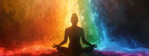 a person meditating under a vibrant rainbow of swirling energy representing the seven chakras.