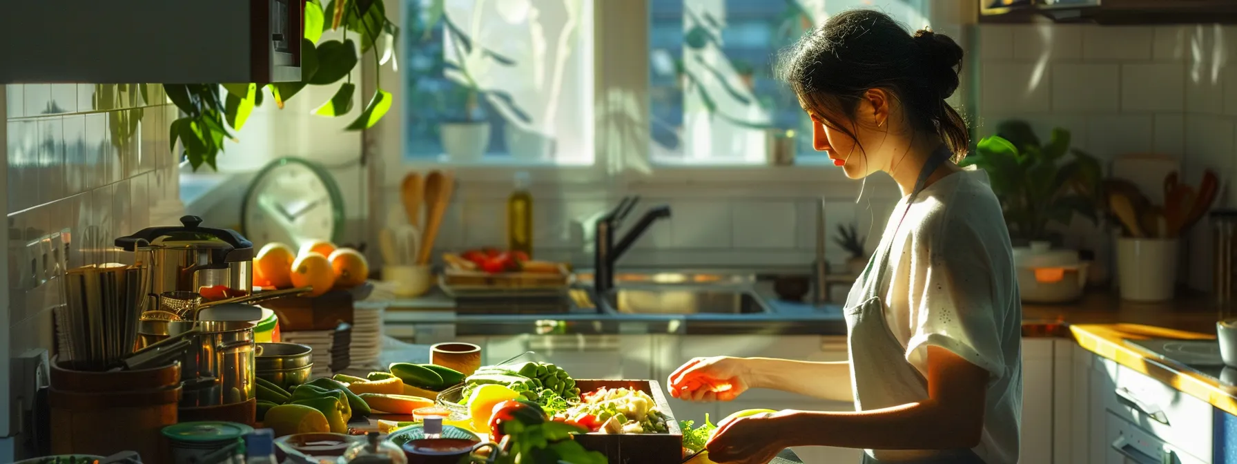 a person practicing mindfulness while preparing a colorful, nutrient-rich meal in a bright, zen-like kitchen setting.