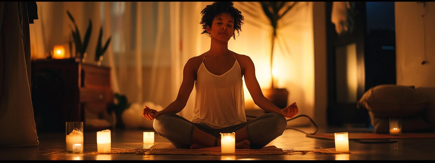 a person sitting cross-legged, eyes closed, surrounded by soft candlelight and soothing music, fully immersed in their kundalini yoga practice.