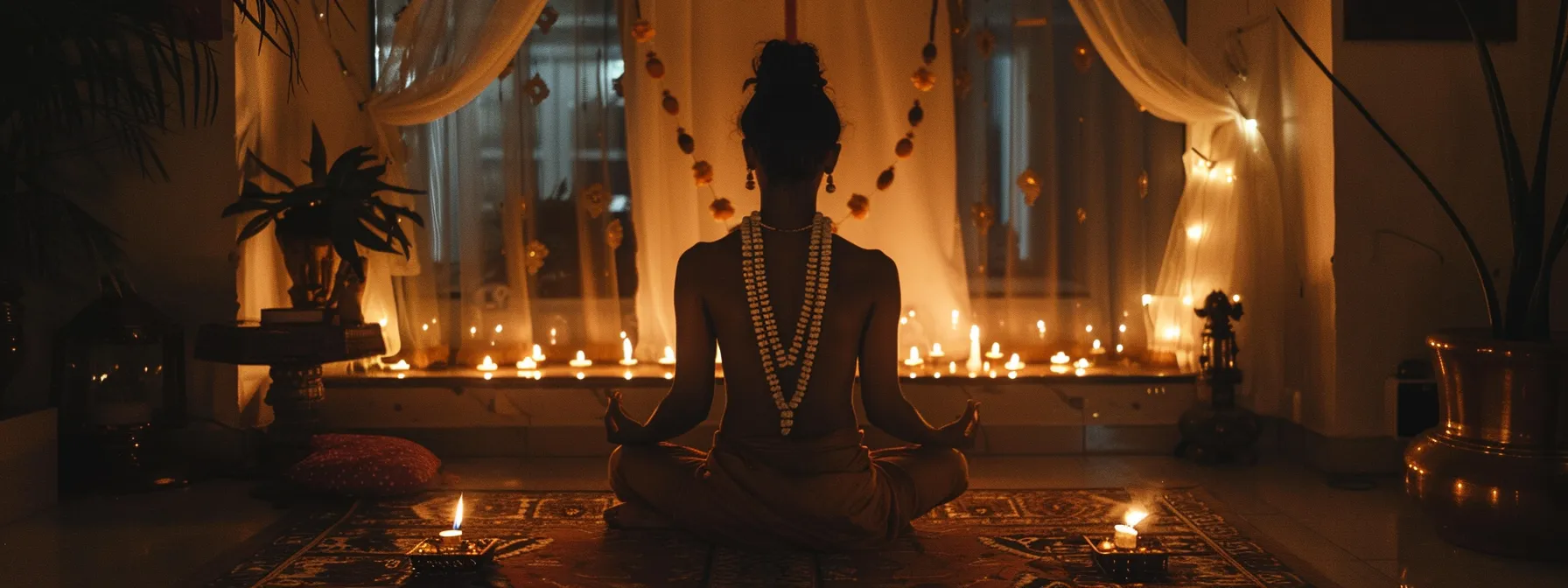 a person sitting cross-legged in a serene, candlelit room adorned with rudraksha bead necklaces and malas, deep in meditation.