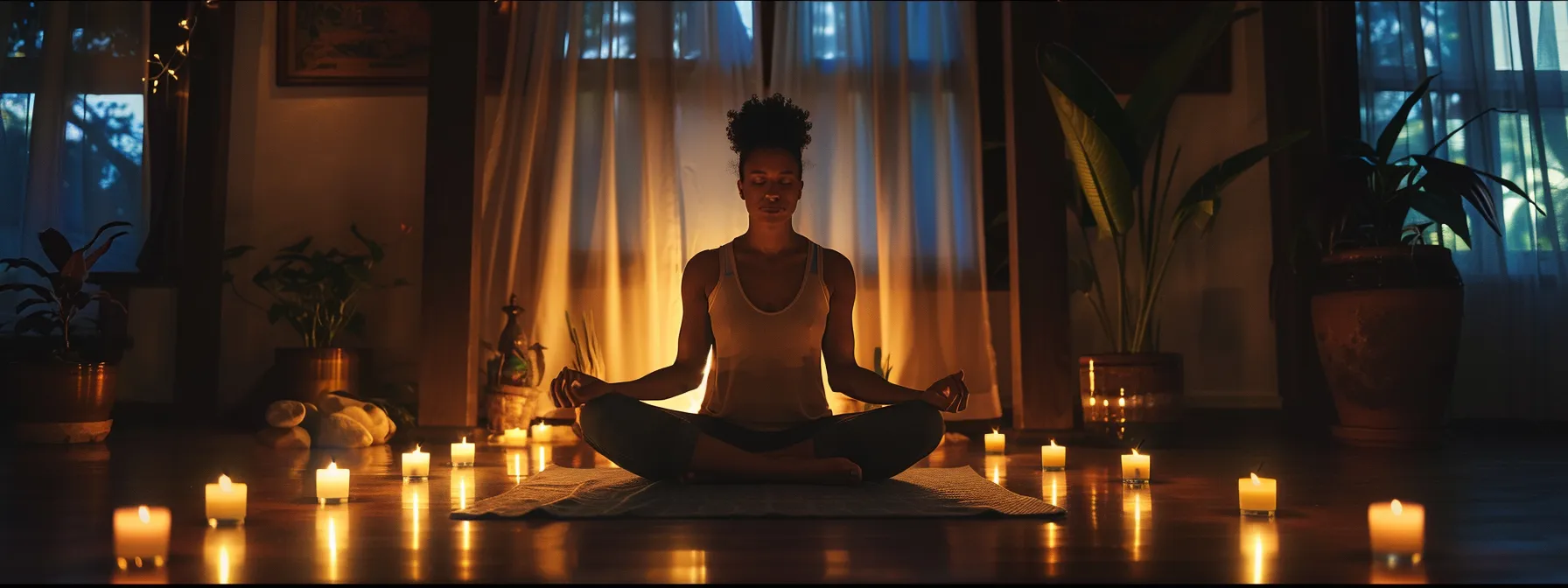 a person sitting cross-legged in a serene setting, eyes closed, surrounded by soft candlelight, deeply engaged in breathwork and meditation as part of their kundalini practice.