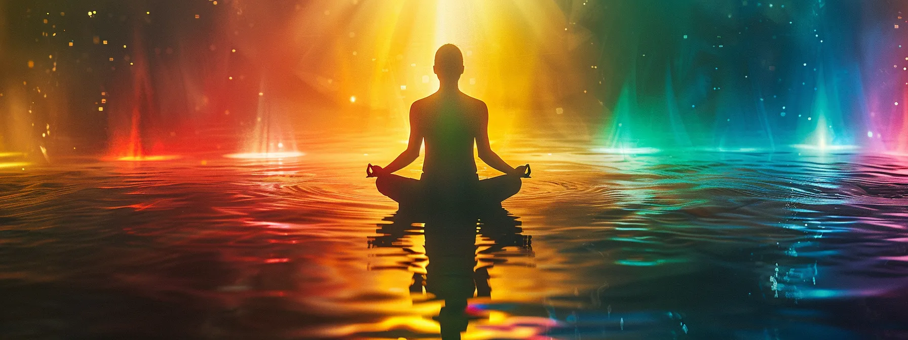 a person sitting cross-legged in a peaceful setting surrounded by glowing, colorful energy centers, showcasing focus and determination in their chakra meditation practice.