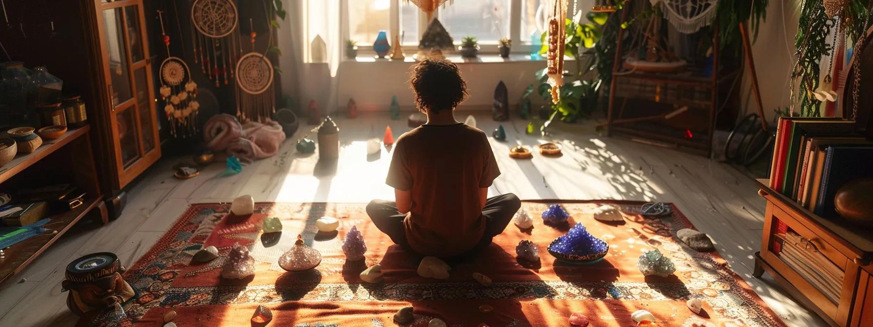 a person sitting in a serene, sunlit room surrounded by scattered colorful crystals, books, and dreamcatchers, embodying the link between mindfulness and magical thinking.