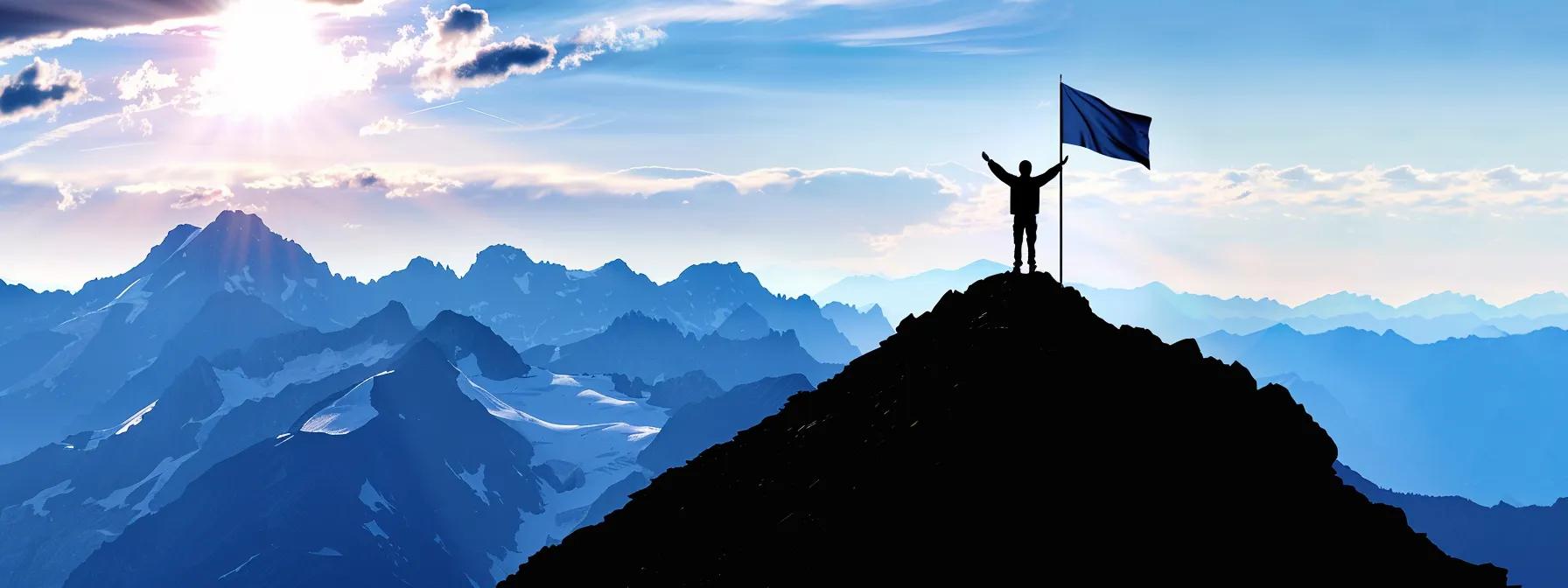 a person standing on a mountaintop, visualizing success with a clear vision of their goals in the distance.