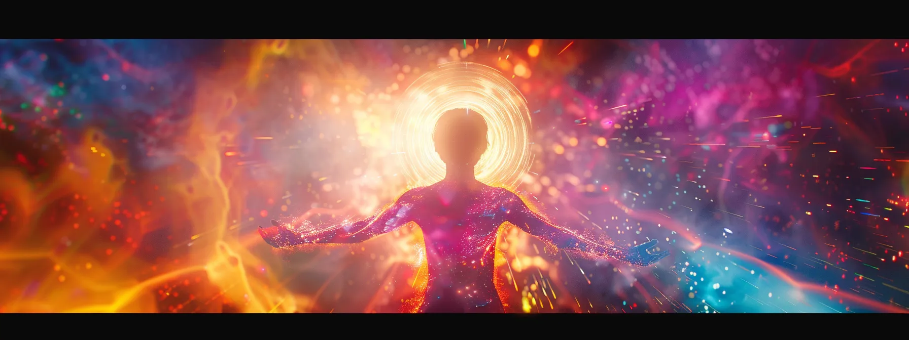 a person surrounded by glowing energy, with heat radiating from their body and vibrant colors enhancing their aura, symbolizing a kundalini awakening and spiritual energy shift.