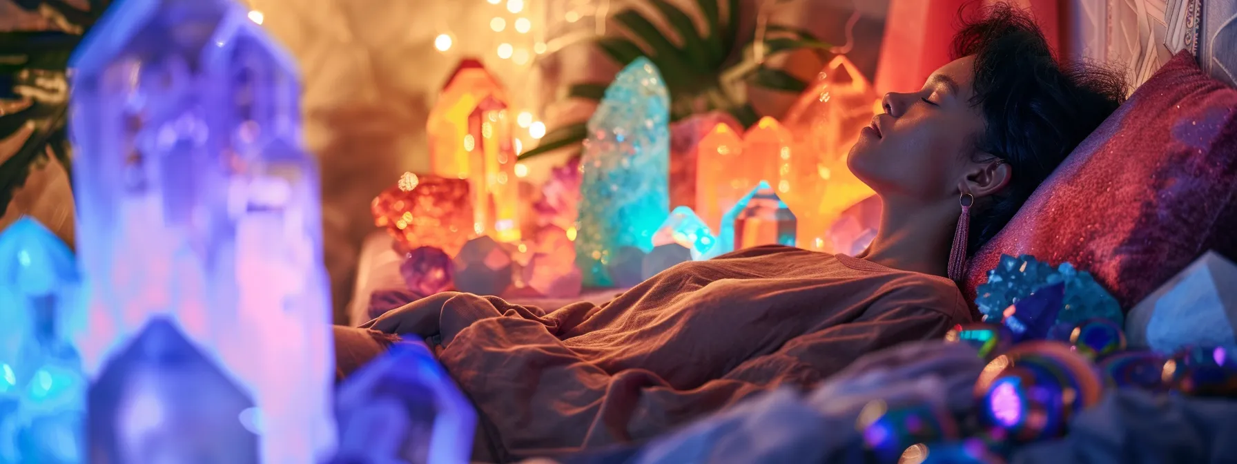 a person wearing chakra healing stones as personal talismans, surrounded by a peaceful and colorful array of crystals in a serene living space.