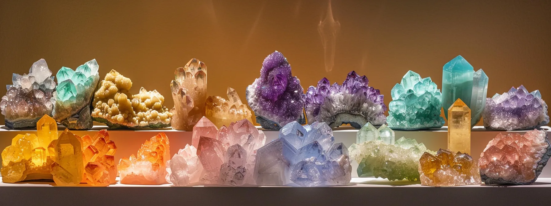 a serene and colorful display of various crystals, each uniquely positioned to represent chakra balancing.