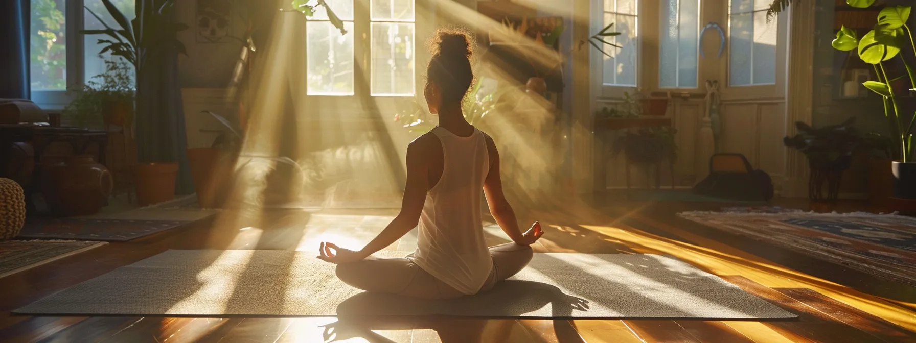 a serene beginner practicing kundalini yoga in a sunlit room with hands in a meditative posture.