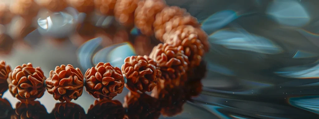 a serene close-up of a intricate rudraksha bead bracelet, emanating a calming and spiritual aura.