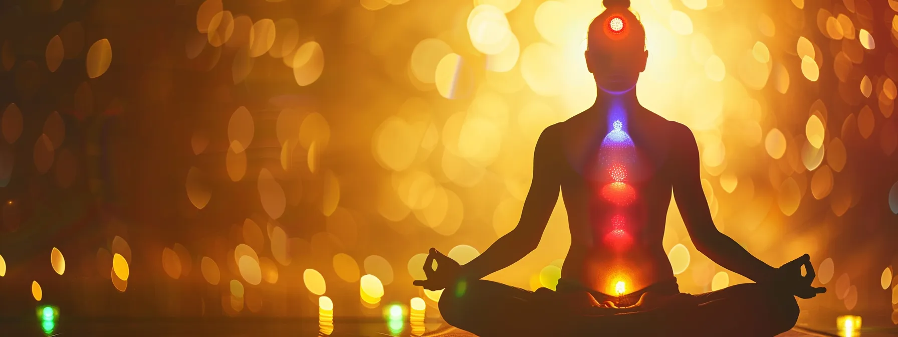 a serene figure meditating with vibrant, glowing energy centers aligning their body, illustrating the connection between kundalini yoga and the chakra system.