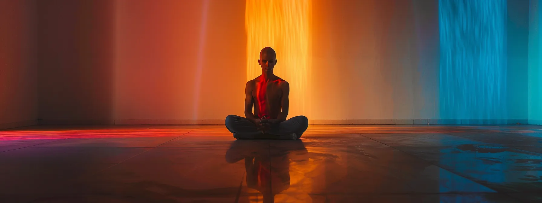 a serene figure sitting cross-legged, surrounded by a gentle glow of colored light, with a serene expression on their face, symbolizing a balanced flow of energy and inner peace.