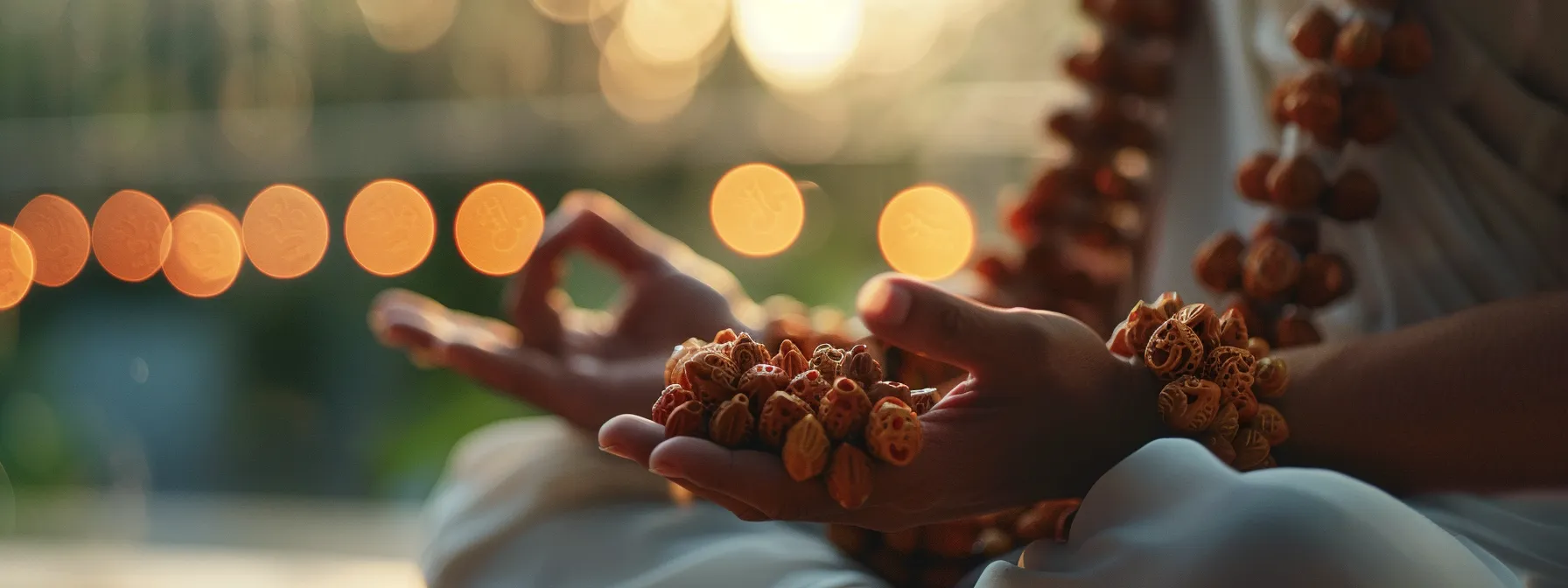 a serene image of a person meditating with a string of beautiful rudraksha beads around their neck, radiating tranquility and focus.