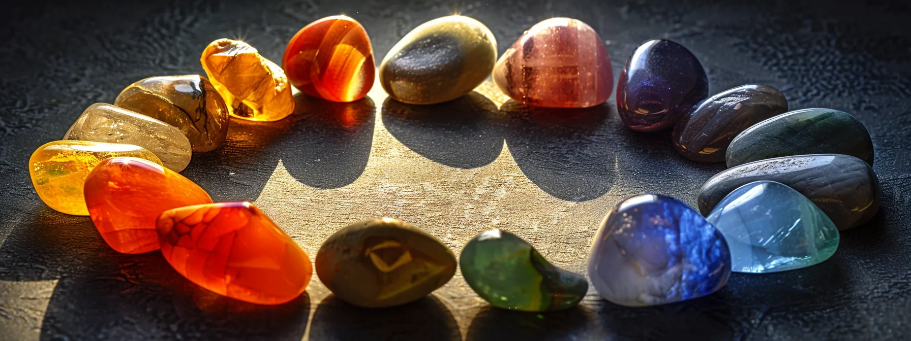 a serene image of colorful healing stones arranged in a circle, radiating positive energy and balance for chakra healing.