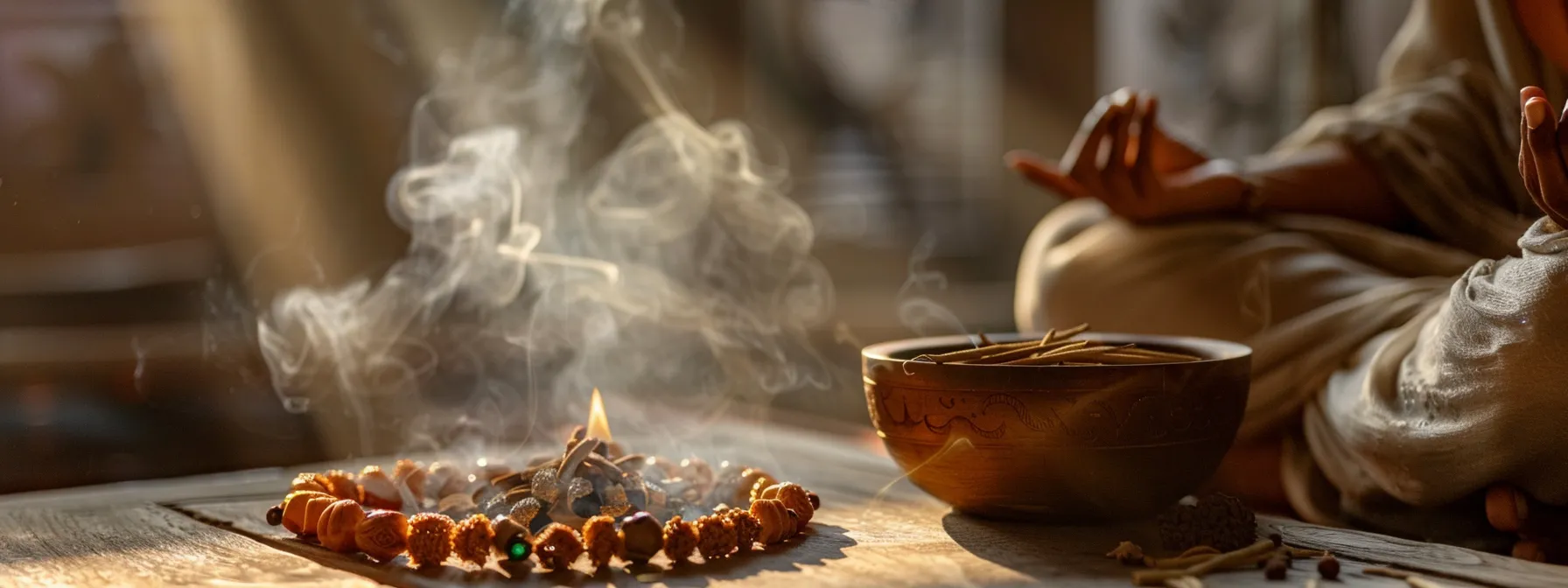 a serene individual meditating with a rudraksha bead necklace, surrounded by incense and sandalwood, embodying tranquility and spiritual connection.