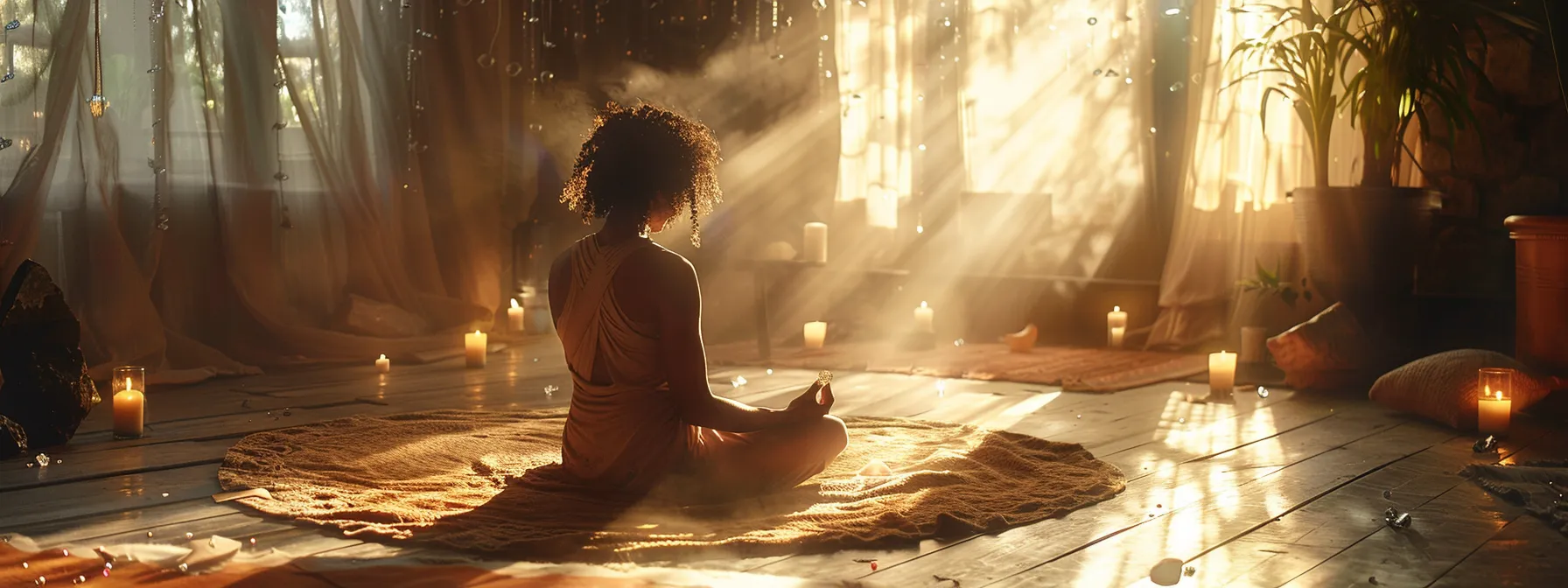 a serene individual sitting cross-legged in a sunlit room, surrounded by flickering candles and vibrant crystals, emanating a sense of inner peace and healing energy.