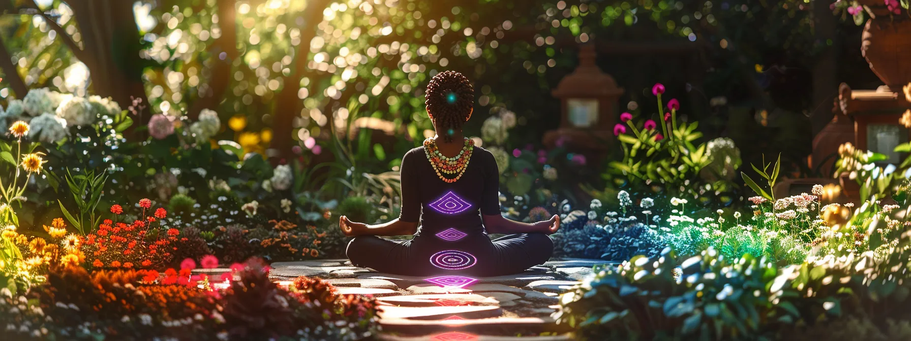 a serene individual wearing a traditional rudraksha necklace, meditating in a peaceful garden surrounded by colorful chakra symbols.