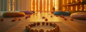 a serene meditation room with soft lighting showcasing a vibrant array of colorful rudraksha beads, radiating positive energy and creating a harmonious atmosphere ripe for spiritual healing.