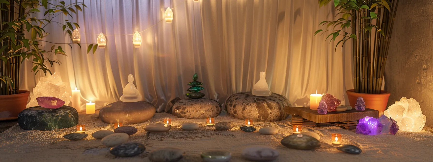 a serene meditation room adorned with colorful crystals and gemstones, flickering candles, and soothing aromatherapy diffusers promoting energy alignment and emotional well-being for chakra balancing.