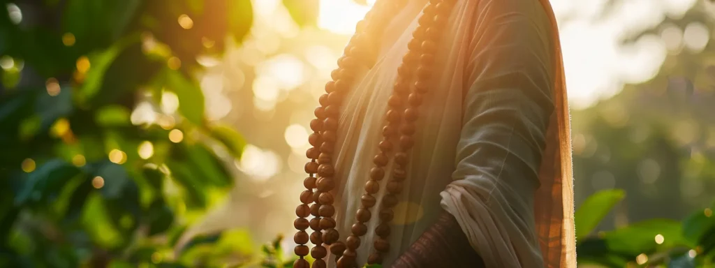 a serene meditator wearing a strand of sacred rudraksha beads, basking in the golden glow of sunlight filtering through lush green leaves.