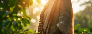 a serene meditator wearing a strand of sacred rudraksha beads, basking in the golden glow of sunlight filtering through lush green leaves.