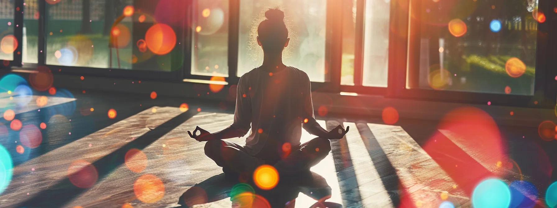 a serene person meditating in a sunlit room surrounded by glowing, colorful chakras floating around them.