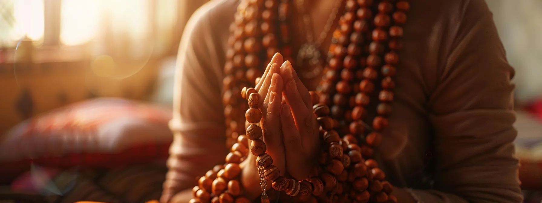 a serene photo capturing a person wearing rudraksha beads, radiating a sense of peace and spiritual connection.