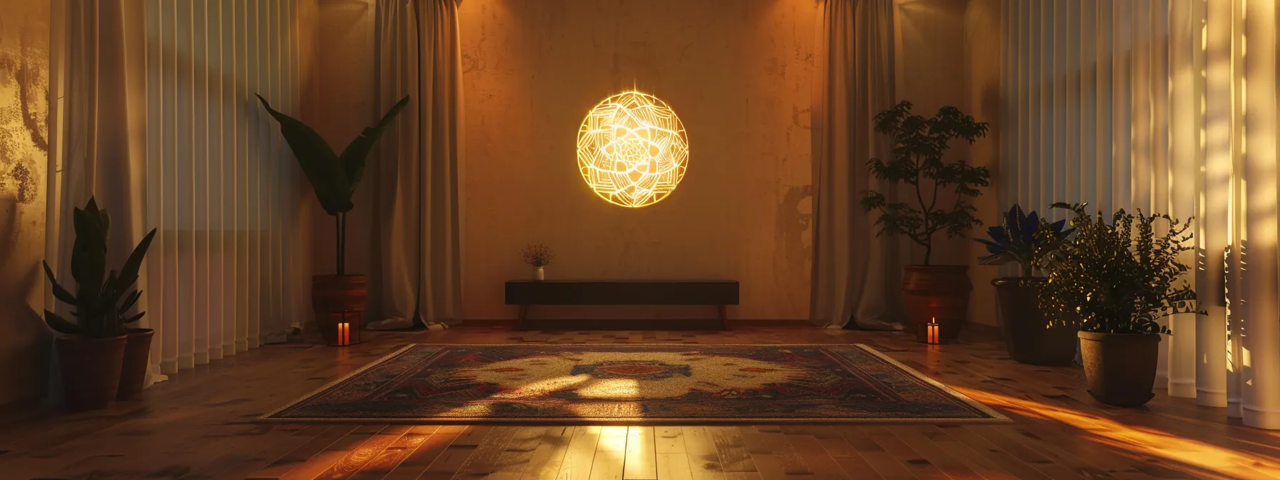 a serene room with soft lighting and a glowing chakra symbol hanging on the wall, radiating a sense of peace and balance.