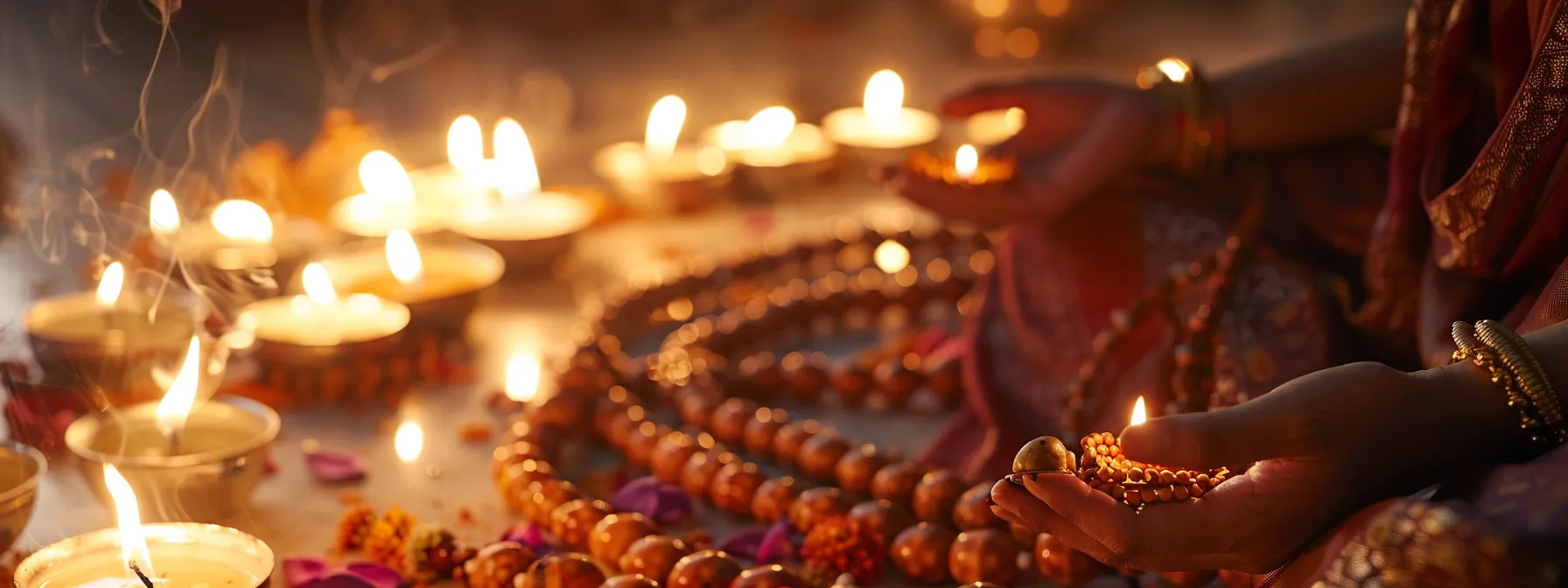 a serene setting with a person meditating while wearing a string of sacred rudraksha beads, surrounded by candles and burning incense for a heightened spiritual experience.