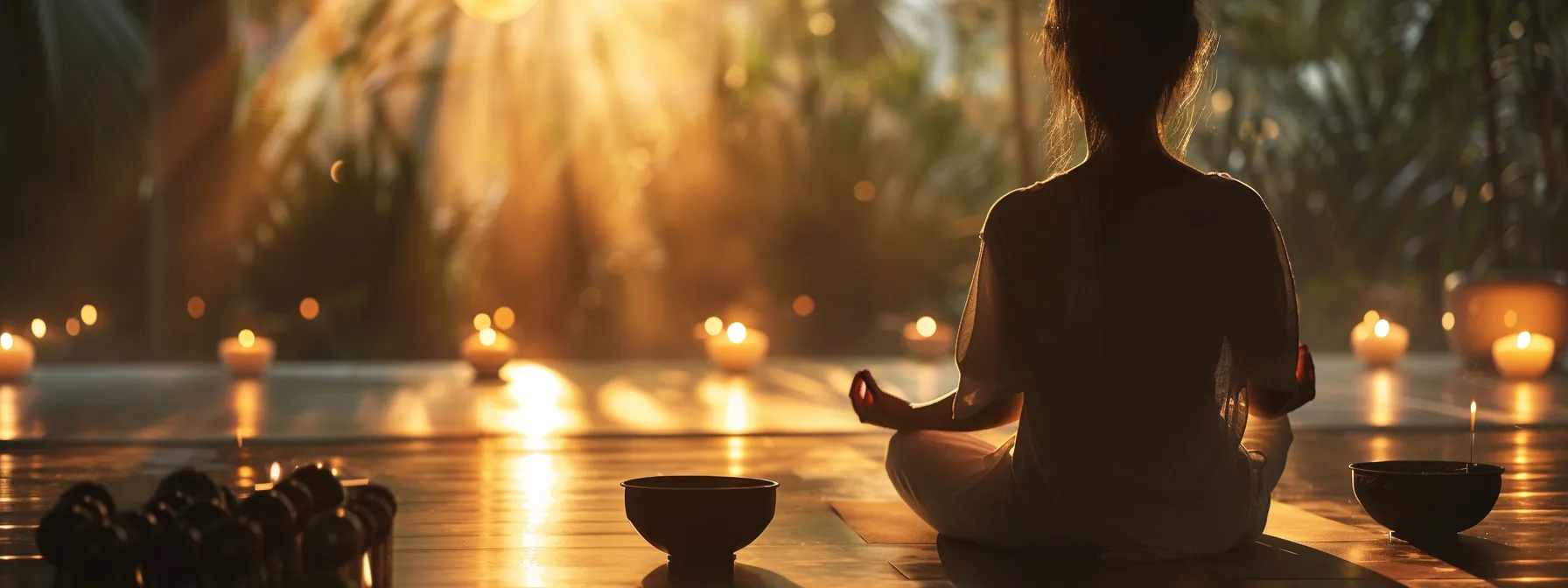 a serene setting with a person meditating surrounded by gentle vibrations from tuning forks, creating a harmonious balance of energy for spiritual alignment and emotional well-being.