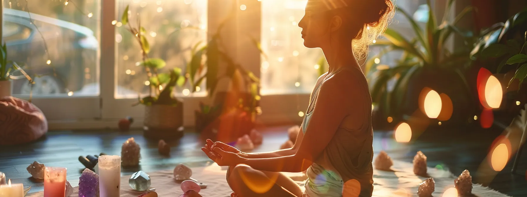 a serene woman practicing yoga in a sunlit room surrounded by colorful crystals and candles, embodying mindfulness and chakra work in her daily routine.