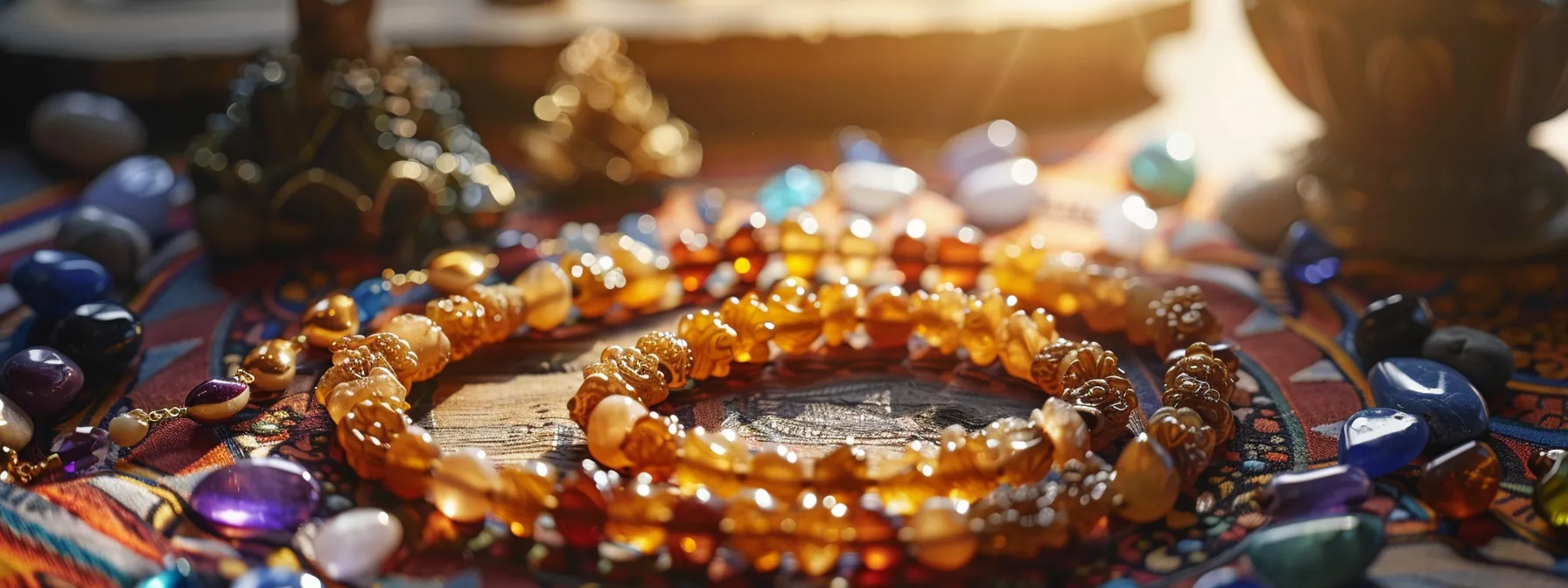 a shimmering rudraksha bead necklace glowing in the sunlight, surrounded by colorful chakra stones on a peaceful meditation altar.