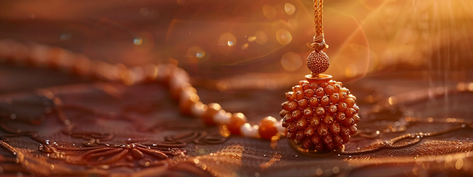 a shimmering rudraksha necklace resting on a tranquil background, radiating courage and emotional stability.