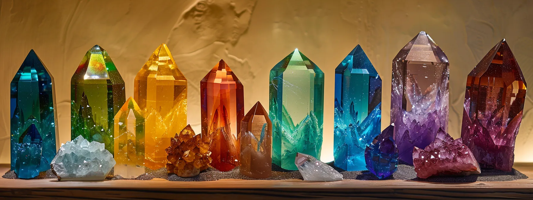 a vibrant display of colorful crystals aligned with each chakra, radiating energy and balance.