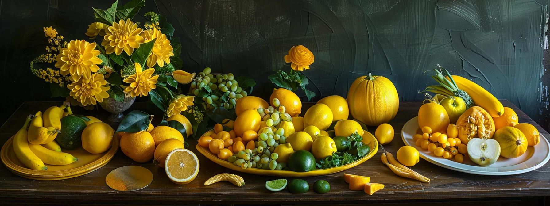 a vibrant spread of yellow fruits and vegetables arranged on a wooden table, showcasing a variety of energizing foods to empower the solar plexus chakra.