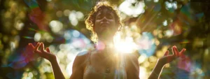 a woman surrounded by vibrant energy, radiating light and strength as she practices kundalini awakening techniques outdoors.