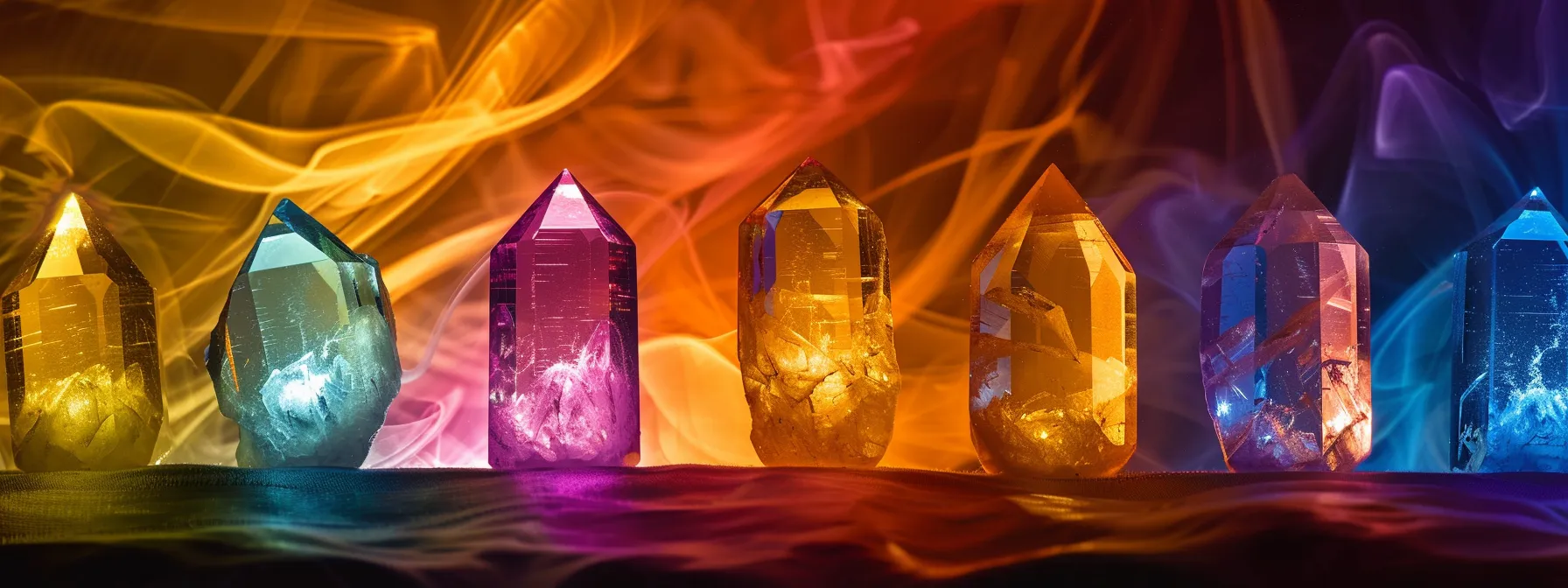 vibrant colored energy swirling around seven glowing chakras, with quartz crystals aligned for healing, creating a harmonious and balanced energy flow.