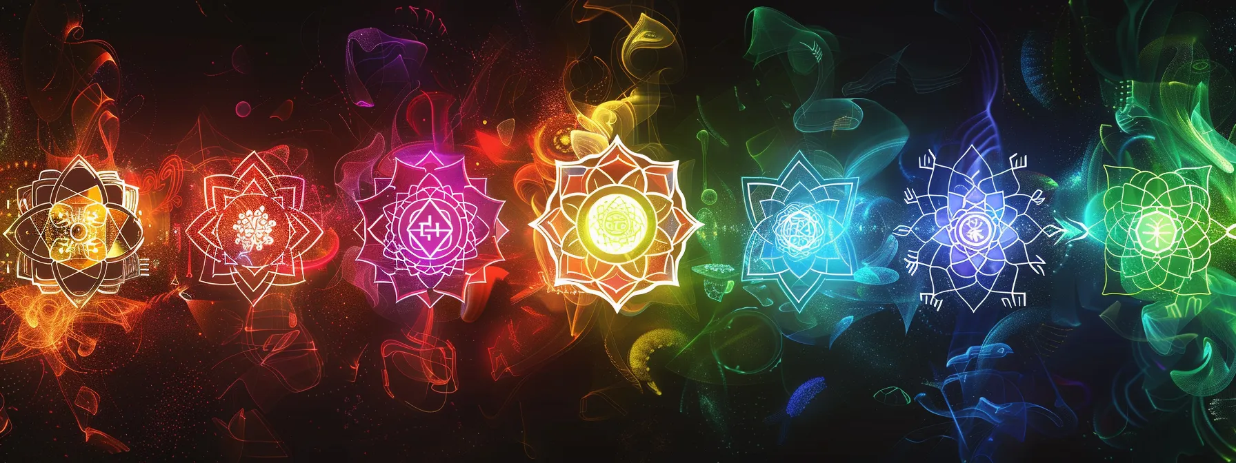 vivid, colorful illustrations of the seven major chakra icons, each radiating a different energy and meaning.