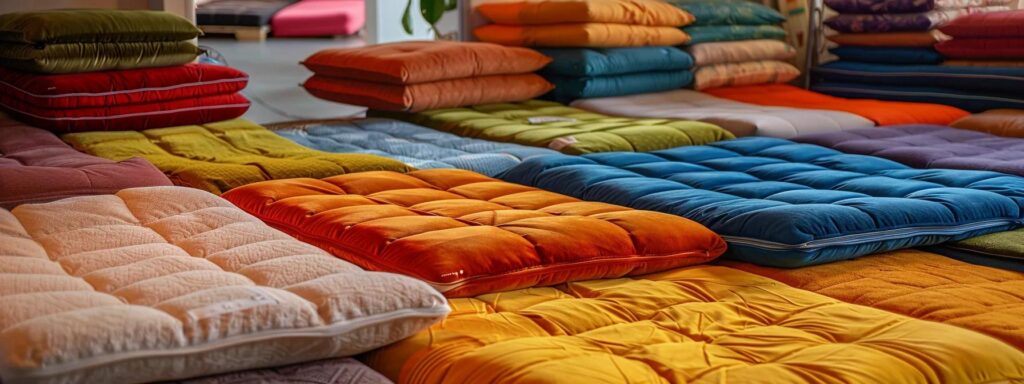 a beautifully arranged display of various futon mattresses in vibrant colors and textures, showcasing their unique styles and comfort options in a cozy, inviting environment.